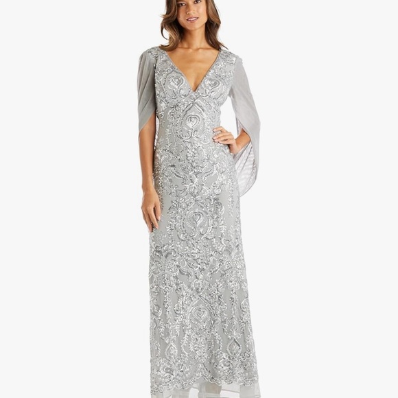 R & M Richards Metallic Silver Lace Maxi Dress - Picture 4 of 9